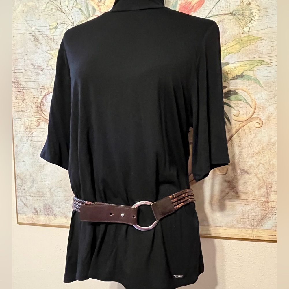 S L Ellen Tracy Dark Brown Genuine Leather Braided Belt with Silver O Ring